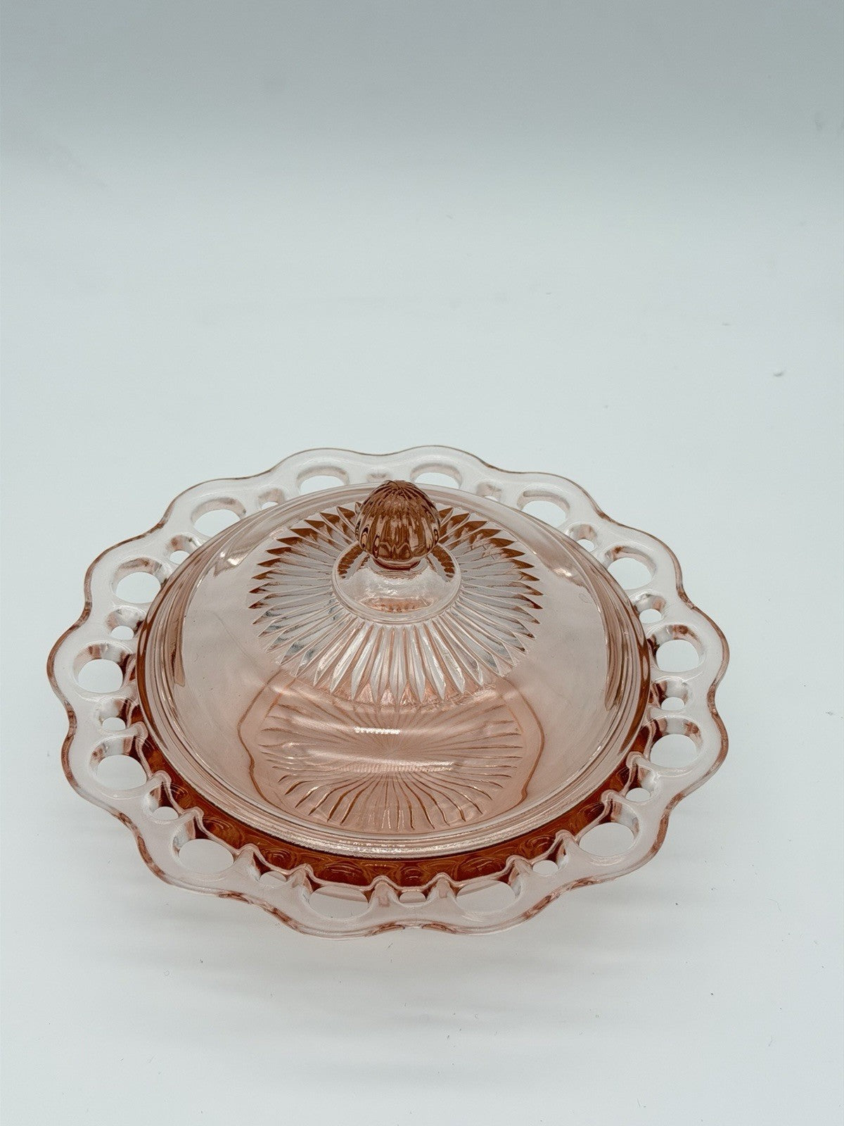 Vtg Anchor Hocking Art Glass Old Colony Lace Edge Pink Depression Butter Dish