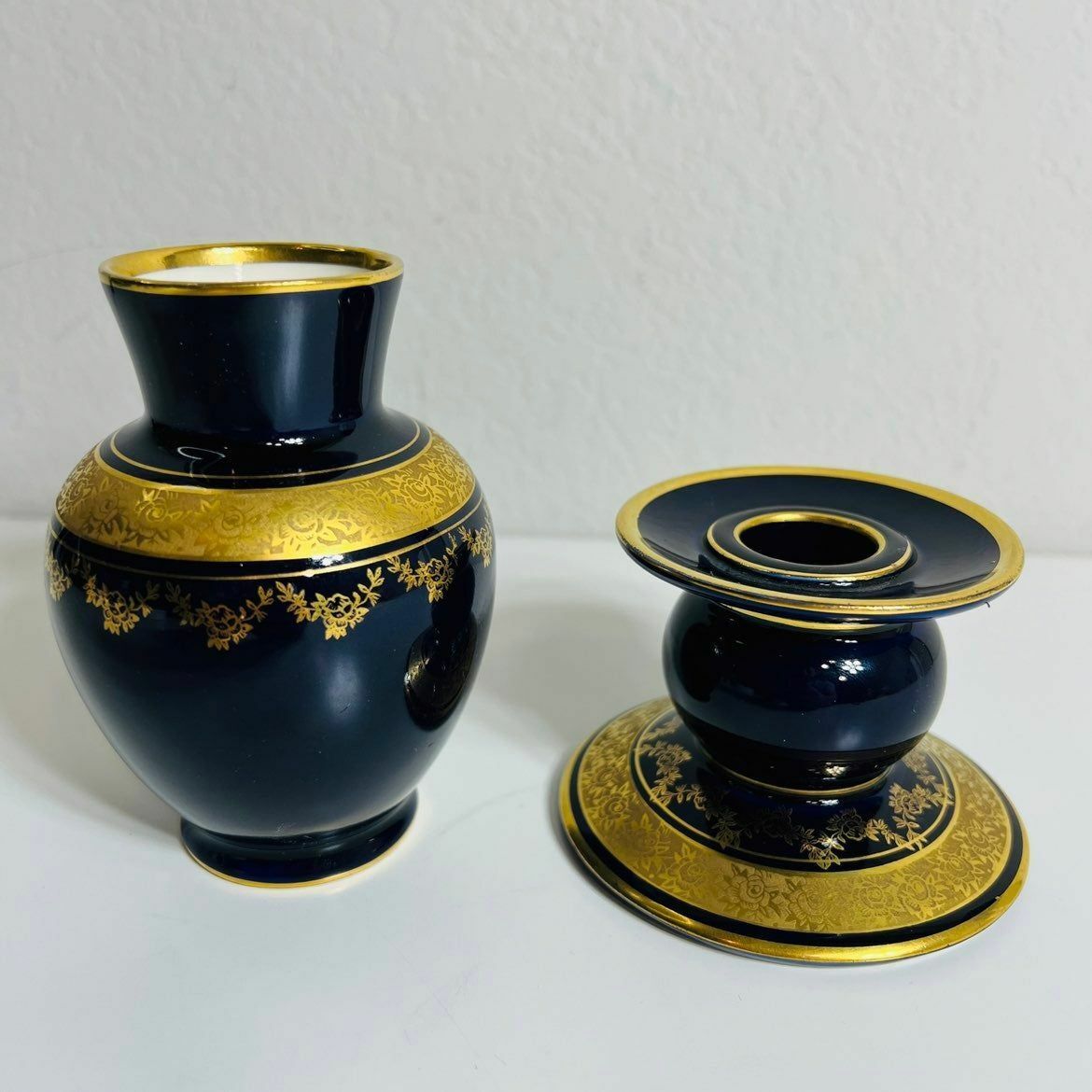 Lindner Kueps Candleholder Vase Bavaria Blue Cobalt Germany Set 2 Vintage Pair