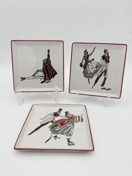 Rare Mary Blair Signed Stoneware Square Skating On Ice Trays Victorian Couples