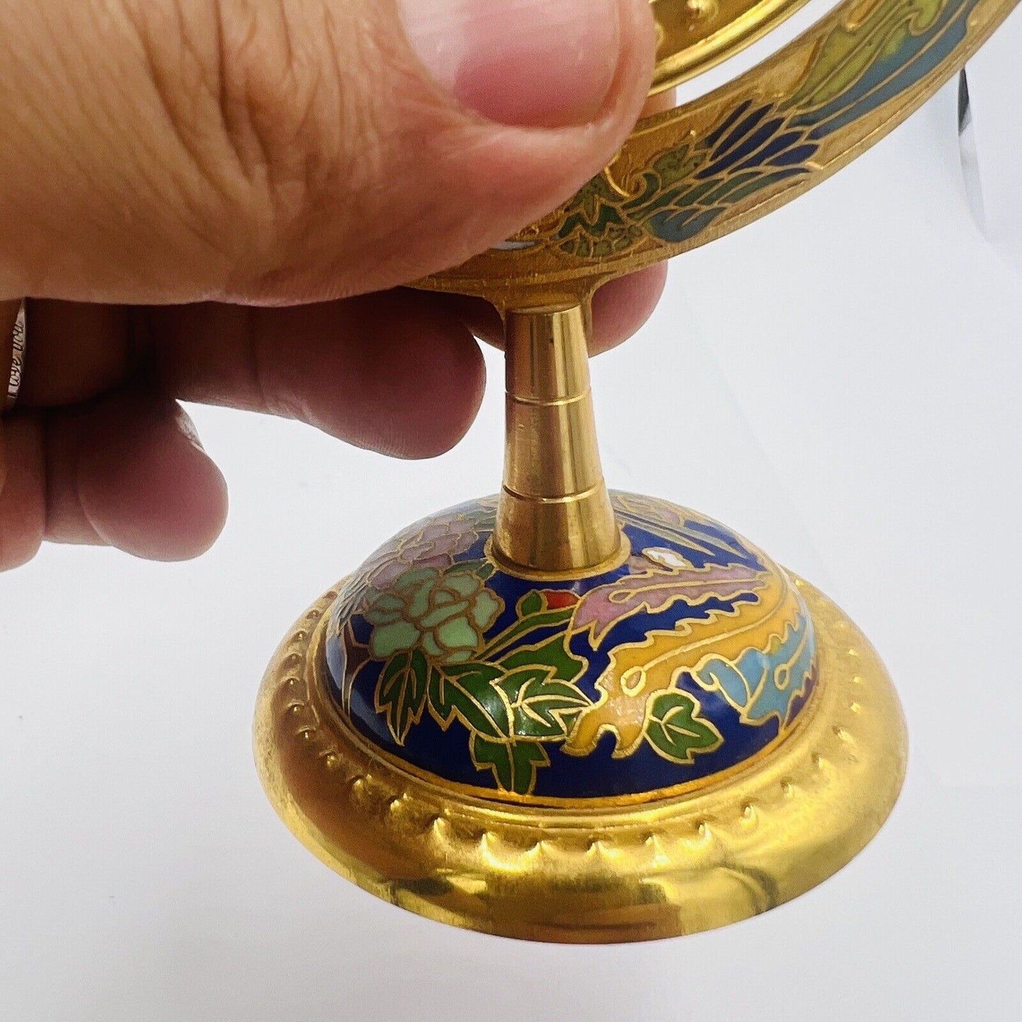 Chinese Globe Cloisonné Cat Stand Brass Embroidered Silk Gold Tone Spin Decor