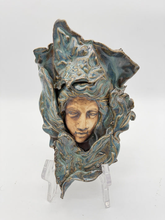 Art Nouveau Studio Art Pottery wall pocket sculpture Teal Blue Glossy 7.5”x4”