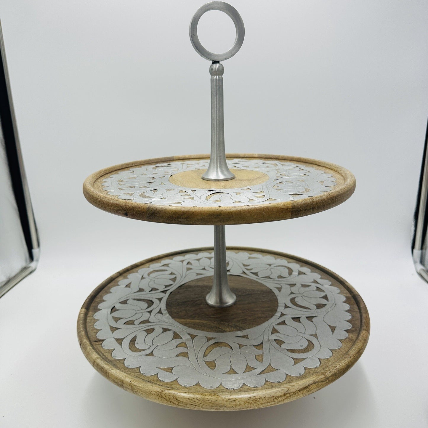 Rajasthan Artisans Cake Stand Brown 2 Tier Wood 17in H Farmhouse Country