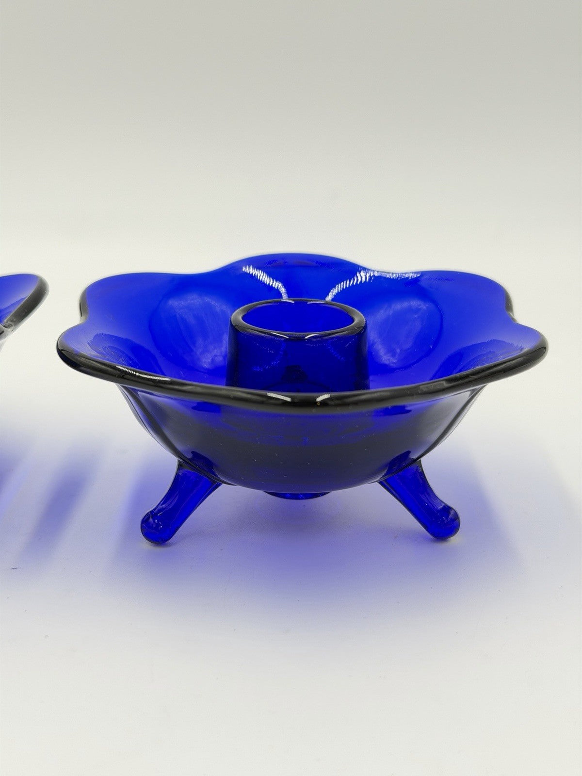 Fenton Art Glass Blue Cobalt Footed Candle Holder Set 2 PCs Vintage
