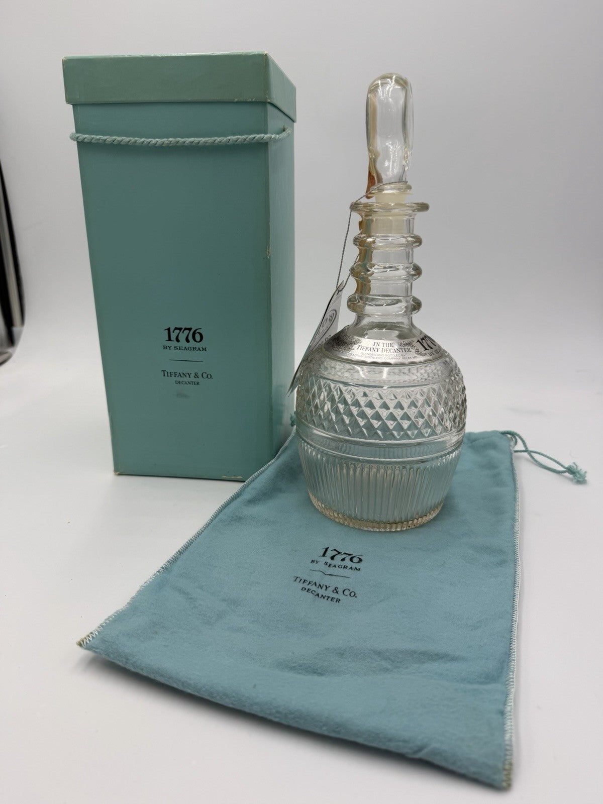 Tiffany & Co 1776 Seagrams Decanter Clear Glass Box Bag Tag Stopper 10.5" Vtg