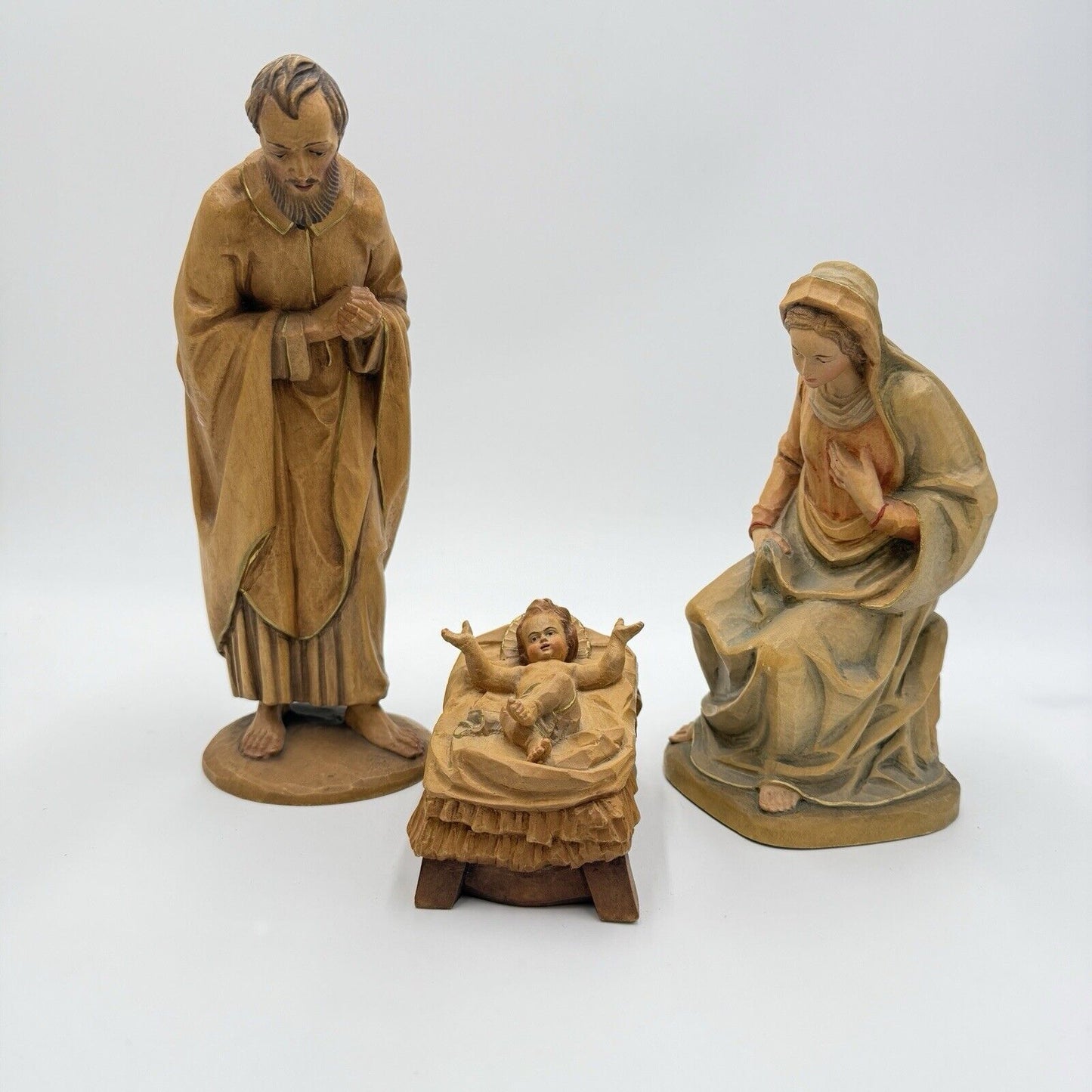 vintage ANRI KARL KUOLT wood carvings ITALY nativity large set 10” folk art