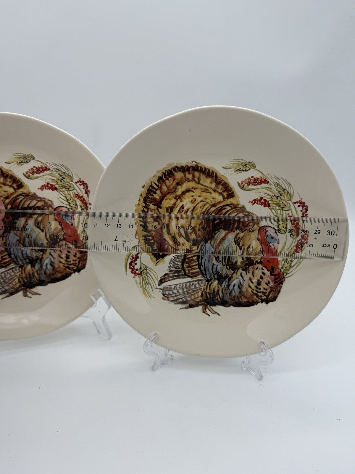 Pottery Barn Watercolor Plymouth Turkey 2 salad plates Thanksgiving 8”