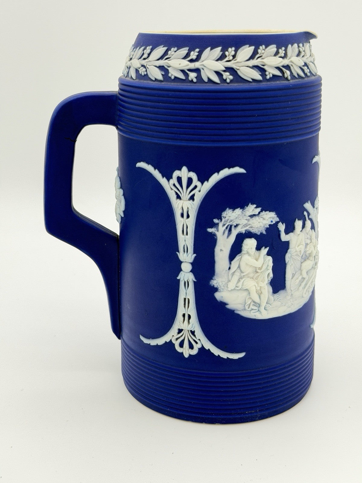 Antique Wedgwood Jasperware Dipped Blue Pitcher 7.5” Trojan Jug England Large