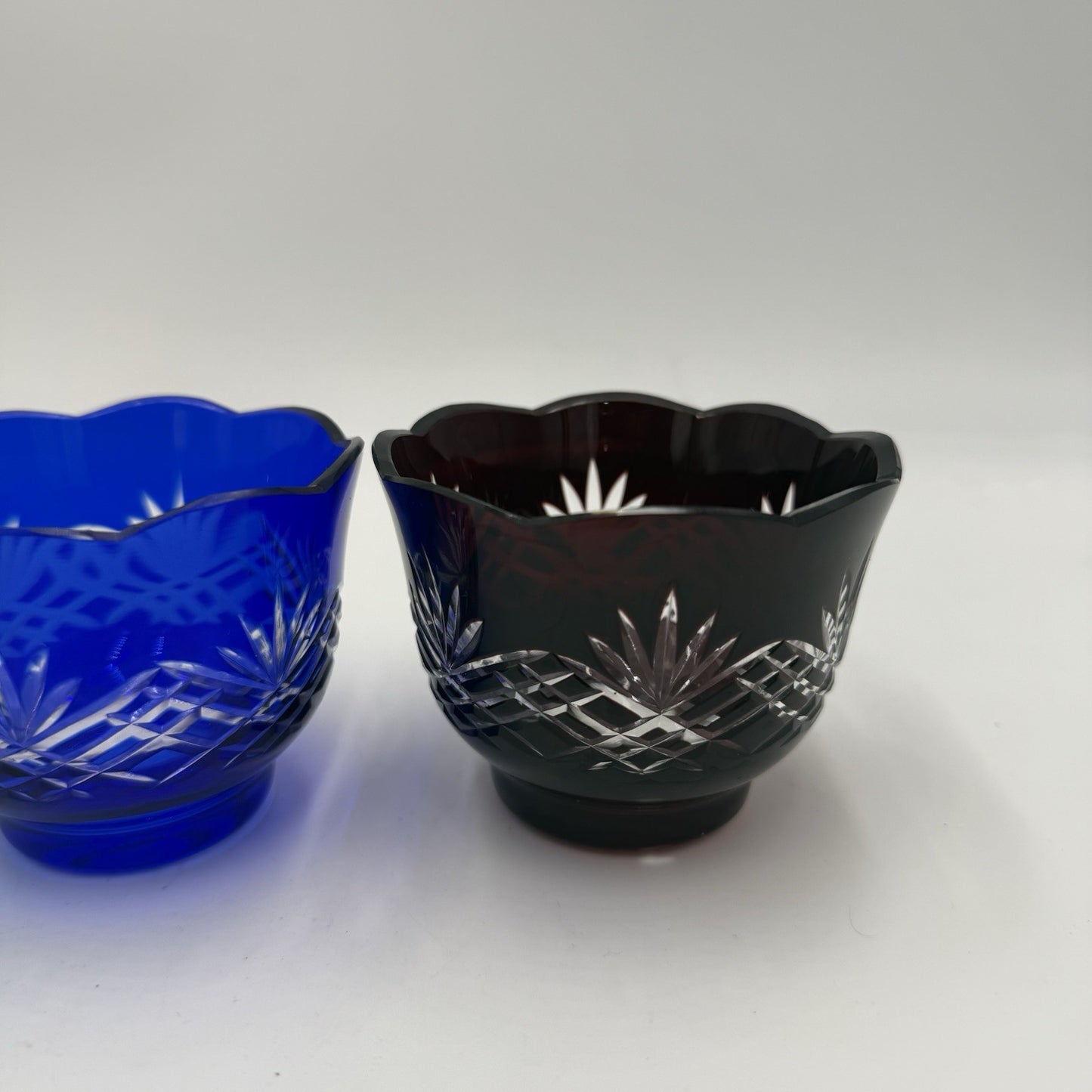 Vtg Bohemian Colored Crystal Cut  Scalloped Edge Votive Green Blue Purple 3 Pcs