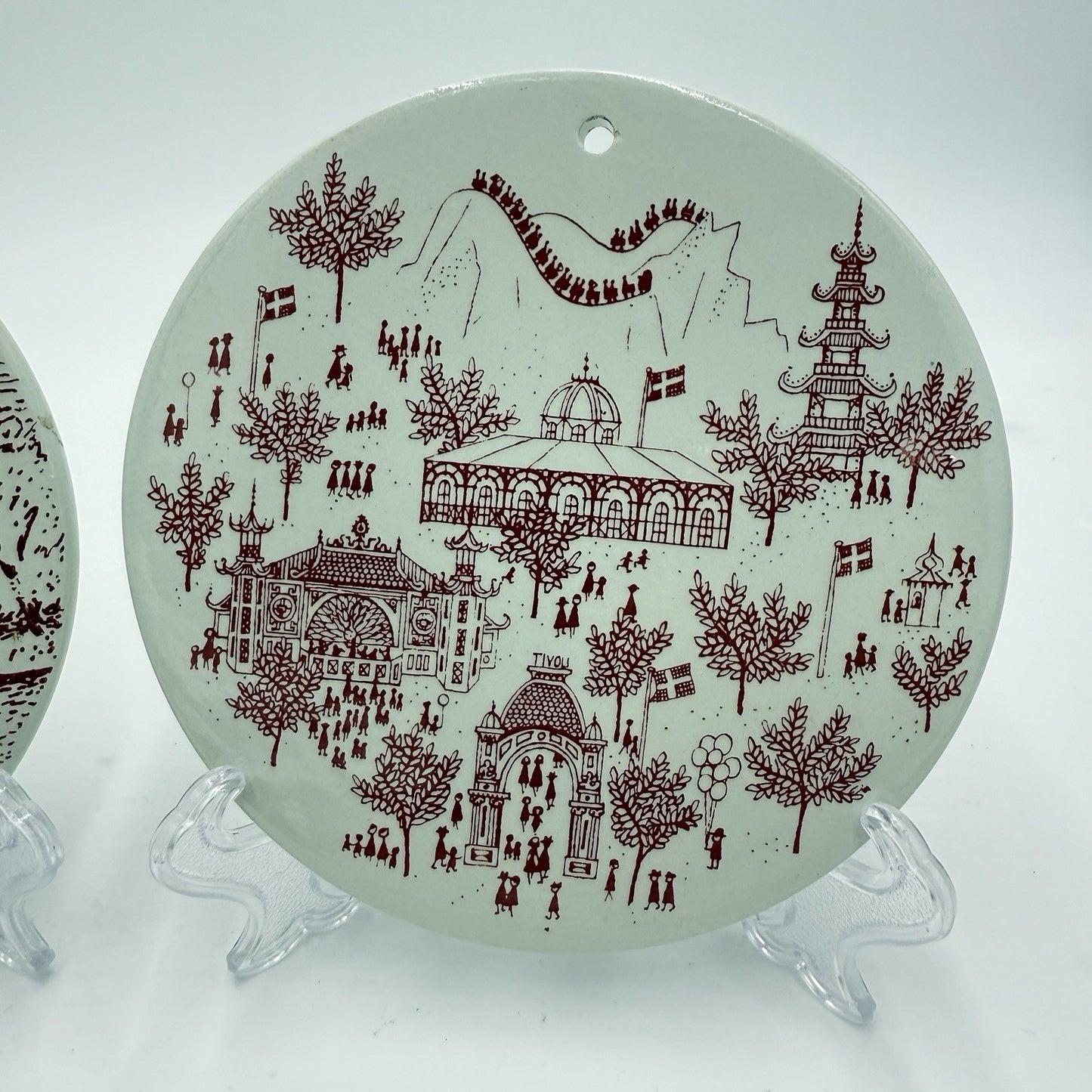 Vintage NYMØLLE Pottery DENMARK  Hand Painted Wall Round Red Tiles Pair