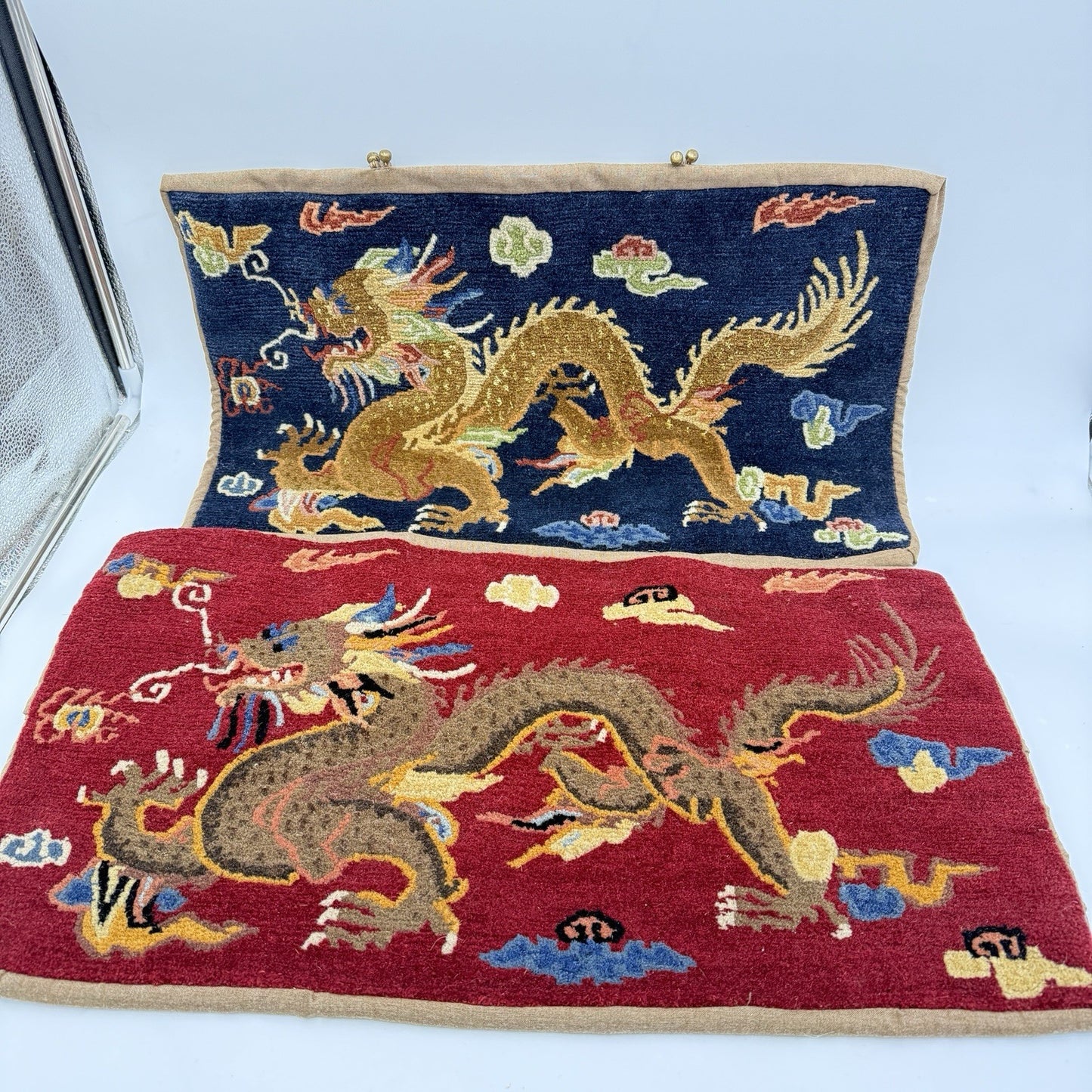 Vintage Art Deco Hand Woven Wool Dragon Chinese Throw Pillow Cases Blue and Red