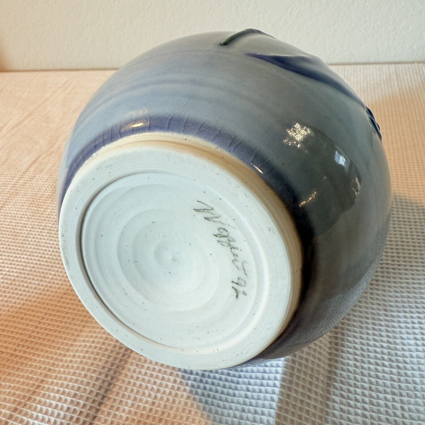 Studio Pottery Flower Vase Blue Purple Drip Ceramic Signed 8in H Swirls Leaf