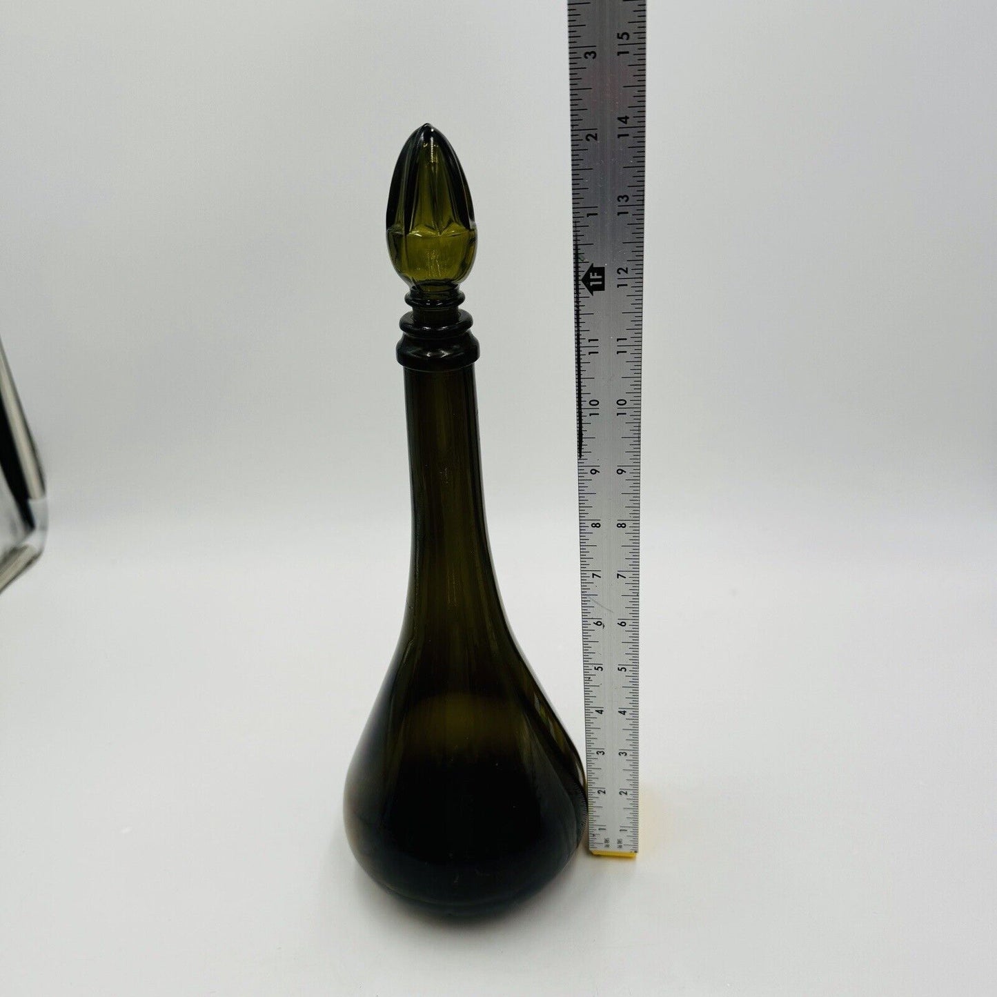 Glass Decanter With Stopper 14in MCM Green Olive Italy Art Vintage Large