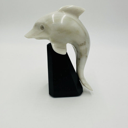 Alabaster Dolphin Figurine Made In Italy Hand Carved Stand White Home Decor