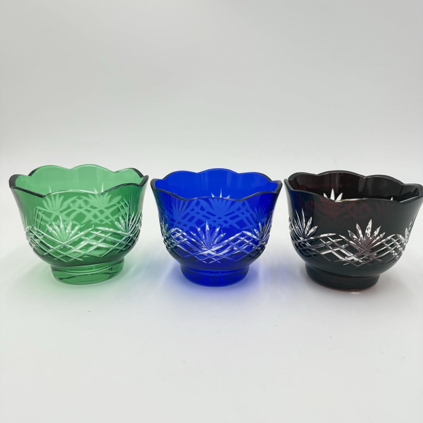 Vtg Bohemian Colored Crystal Cut  Scalloped Edge Votive Green Blue Purple 3 Pcs