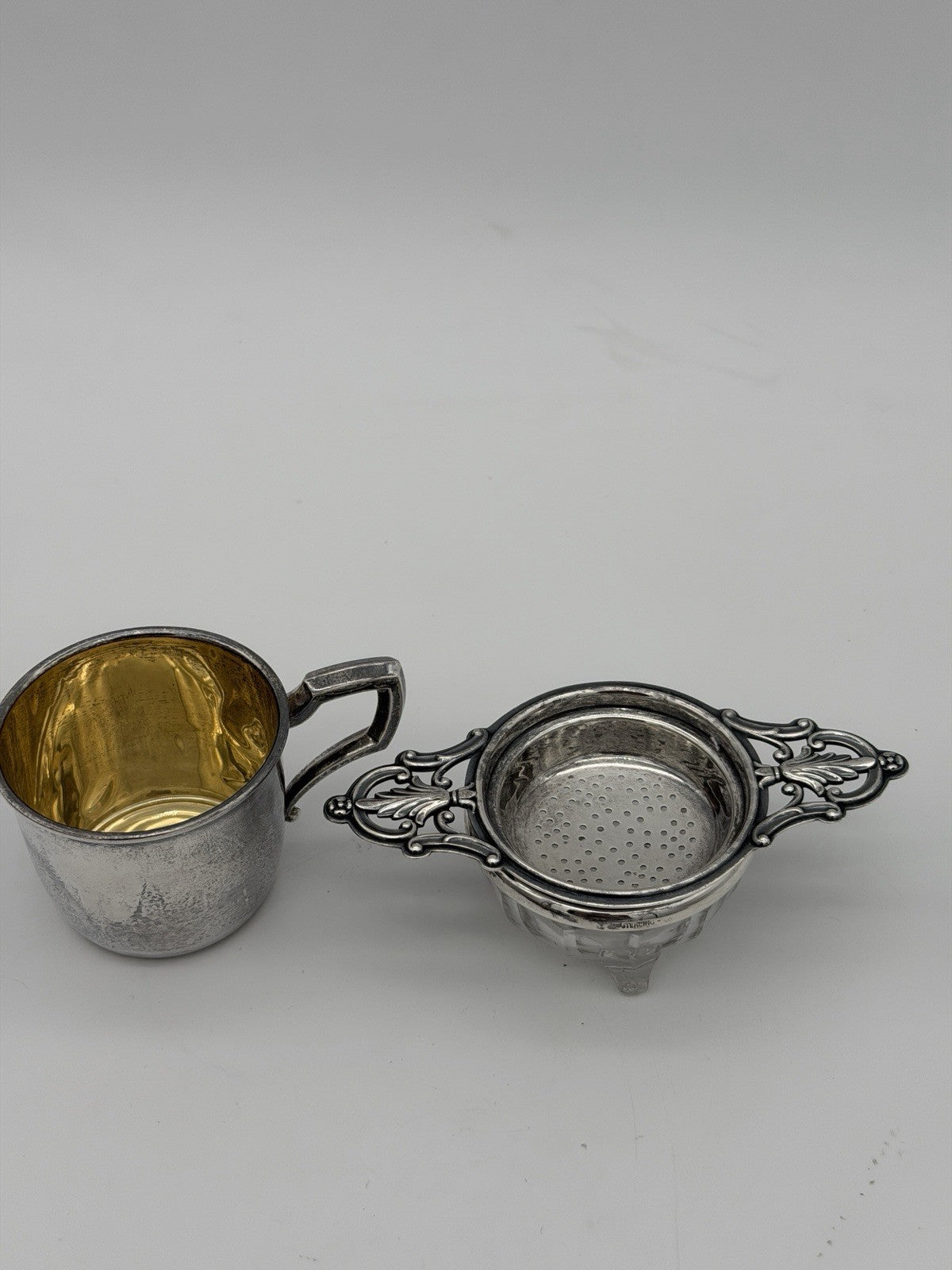 Antique Art Deco Sterling Silver Tea Strainer & Stand & Cup Webster Set Complete