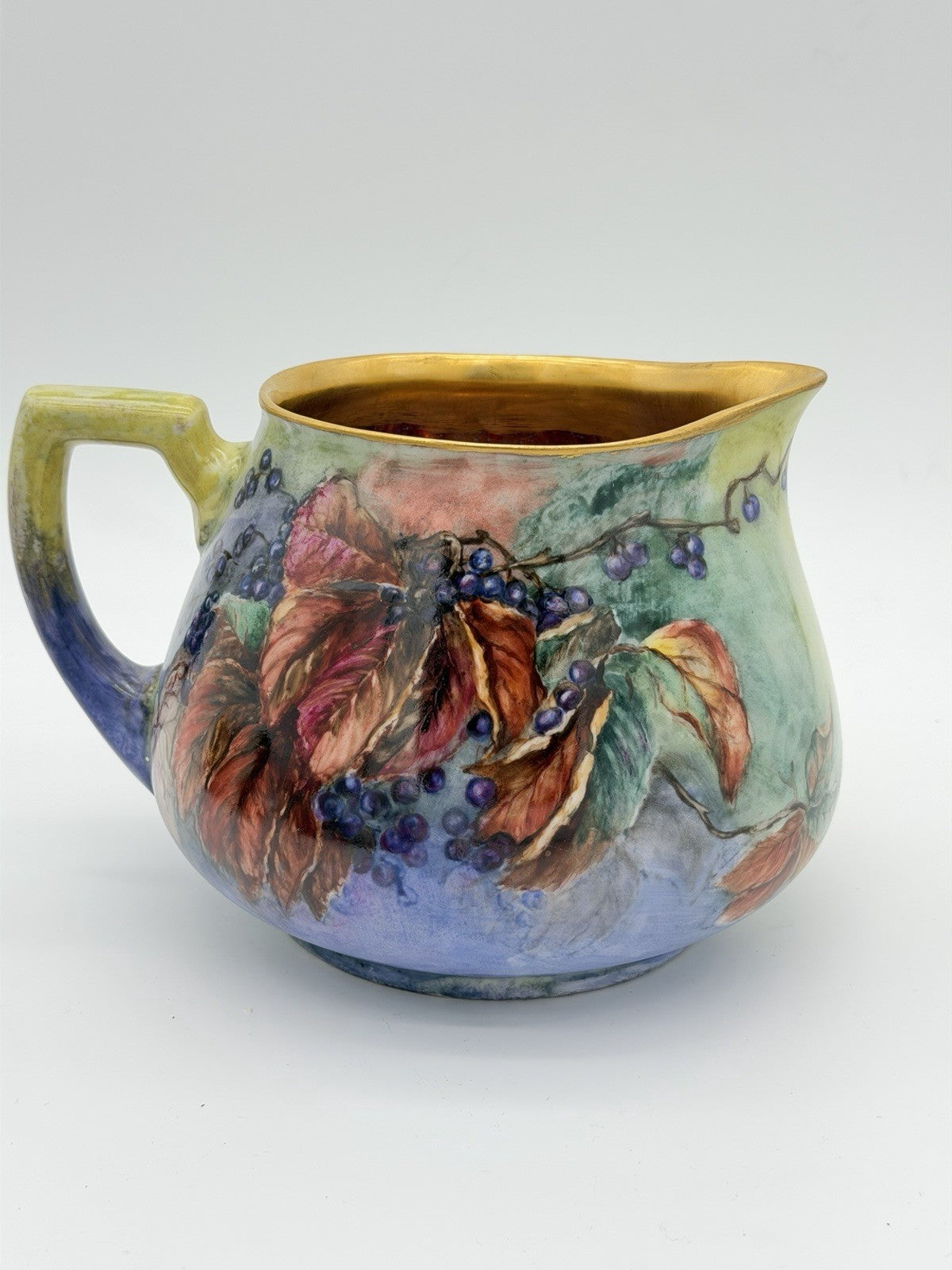 Limoges France W.G & Co Porcelain Painted Gold Painted berries Leaf Pitcher 19th