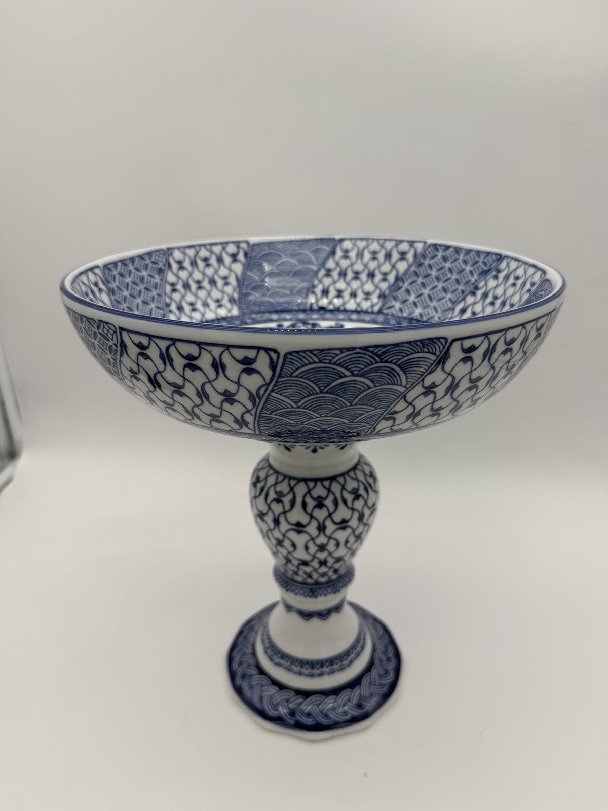 Bombay Company Blue & White Porcelain Compote Pedestal Bowl Footed 12”H X11”w