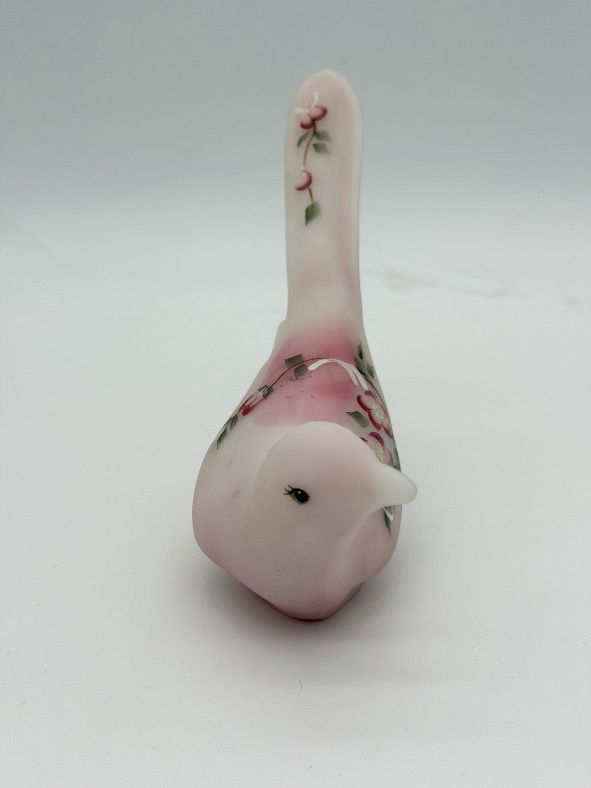 Fenton Rosaline Pink Satin Art Glass Bird Hand Painted Signed Shelley Fenton