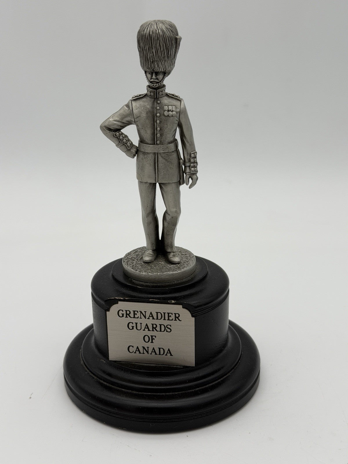 Vintage Pewter Grenadier Of Canada On wooden base soldier figurine Sculpture 7.5