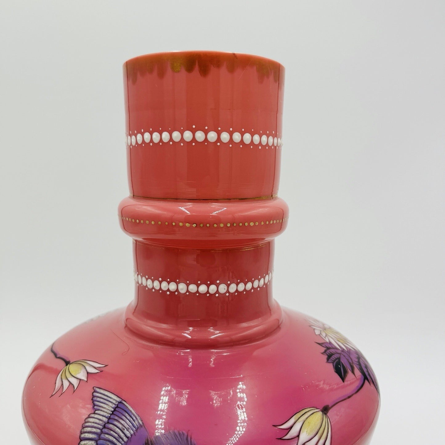 Victorian Aesthetic Pink Opaline Glass Vase Roosters Fighting Daisies Large Rare