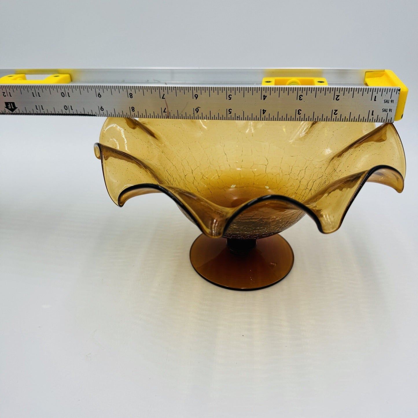 Blenko Art Glass Amberina Footed Vase Ruffled Crackled Compote 5.5in H x 9inW