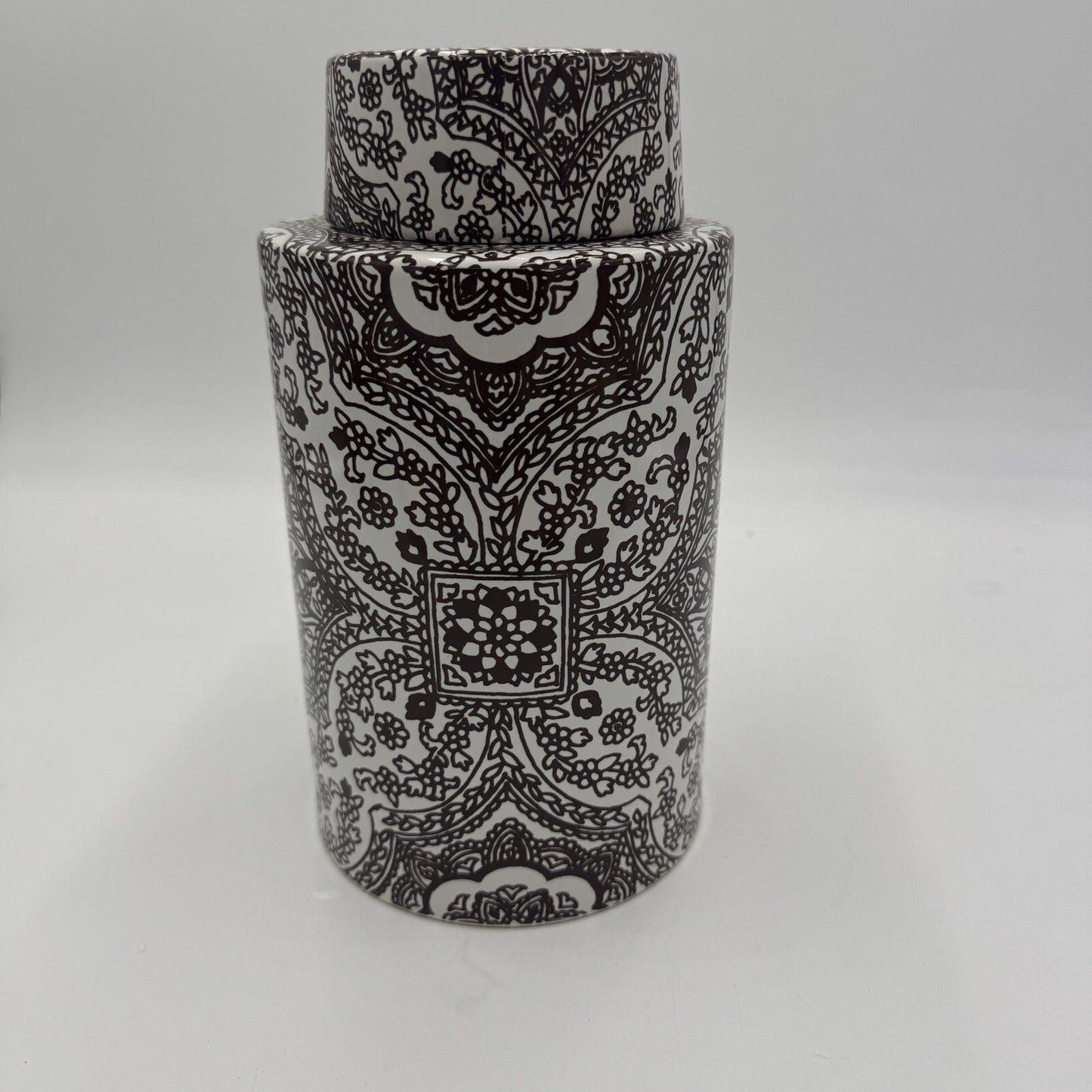 Pottery Barn Ceramic Brown White Floral Paisley Decor Canister Ginger Jar 9in