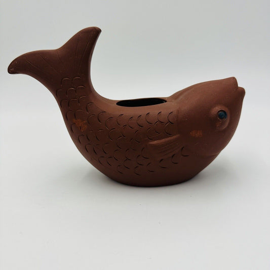 Chinese Pottery Terracotta Yixing Zisha Clay Fish Candle Holder Vase Home Decor