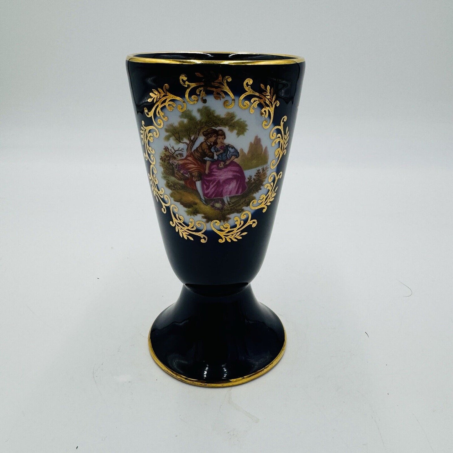 Limoges France Cobalt Blue Goblet /flagon Porcelain Gold Romantic Scene 5” Vase