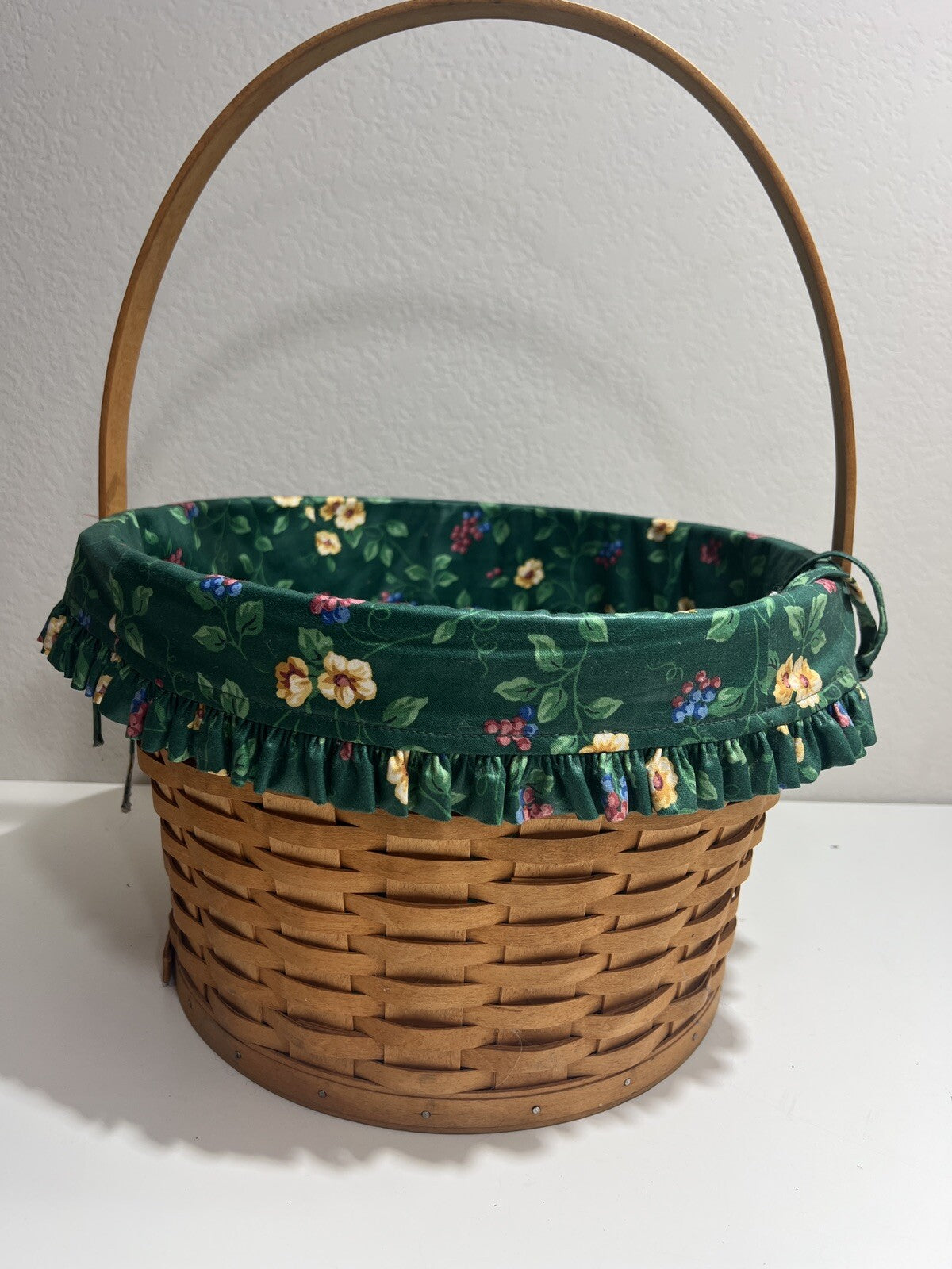 Longaberger Basket Liner Large Handle Round Green Floral 1996 Vintage Retired
