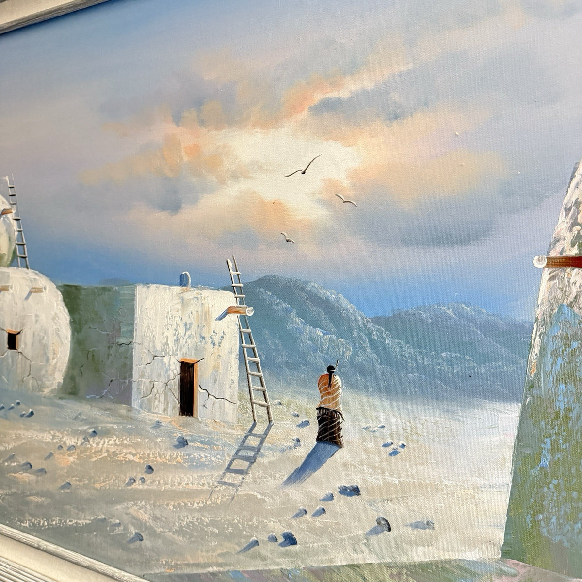 K. Mescal Oil Painting On Canvas Southwest Native American Town Sunset 29”x 41”