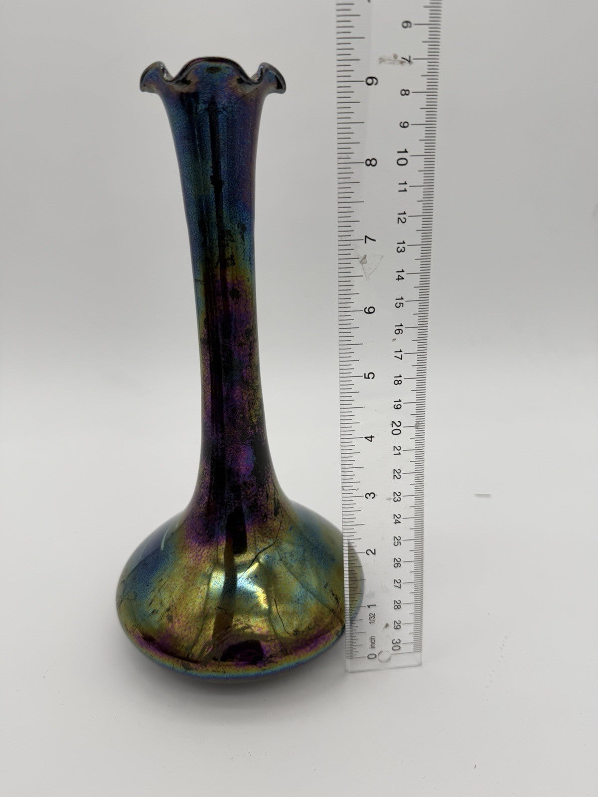 Vintage Art Nouveau Iridescent Art Glass Painted Rose Signed Vase 9”H