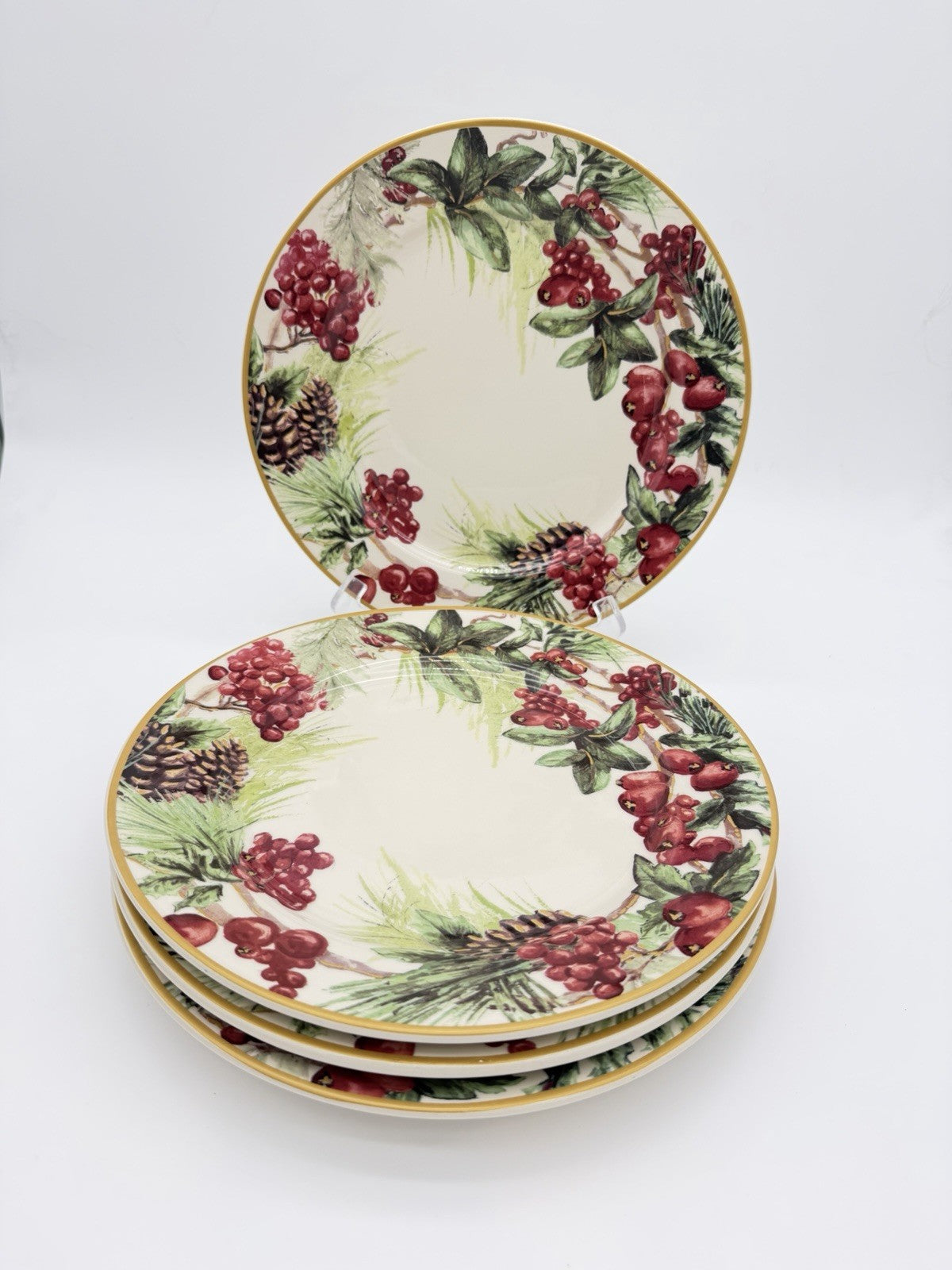 Botanical Wreath Williams Sonoma Dinner Plates 10.5” Red Berries & Pinecones 4