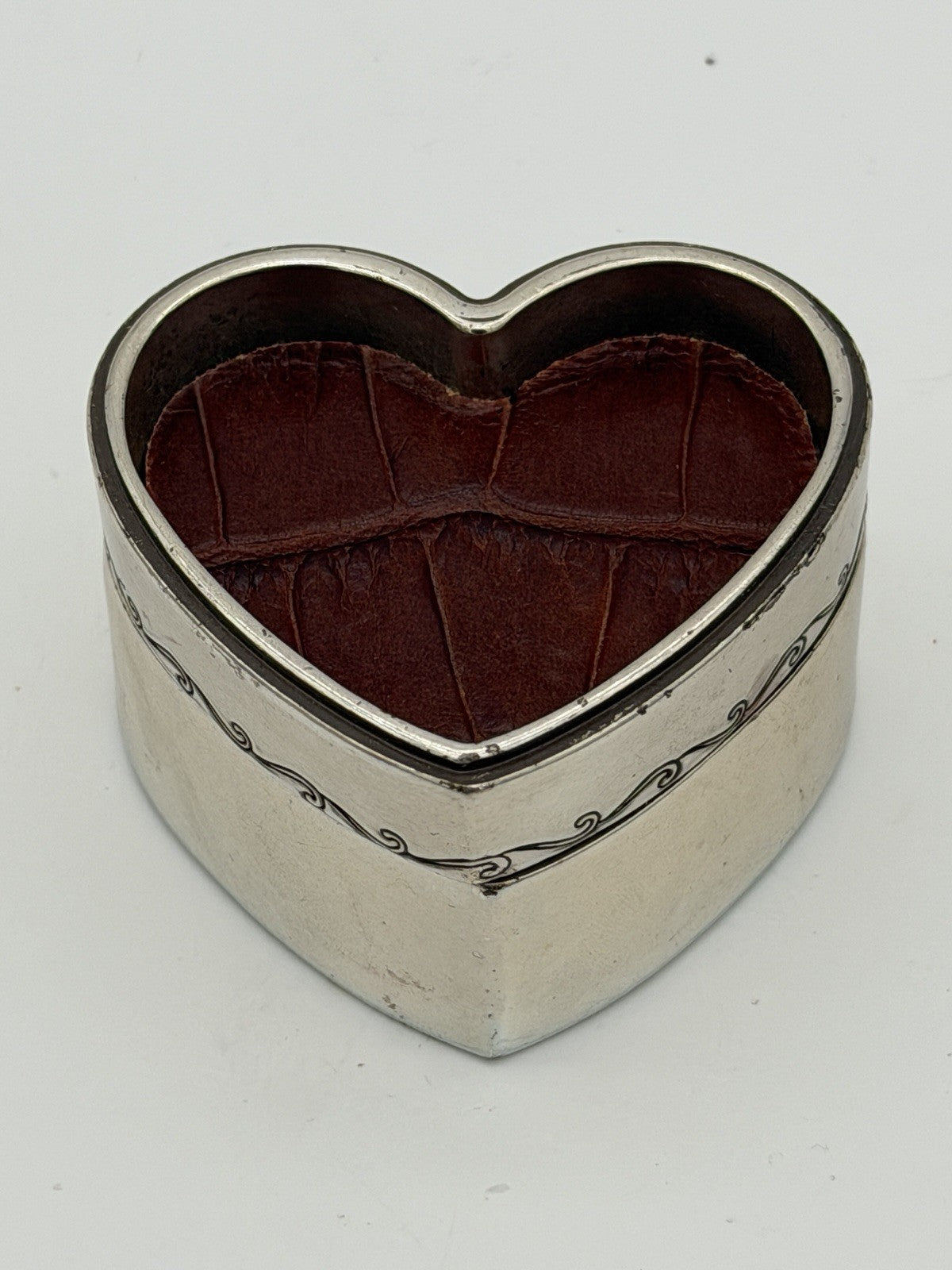 Vintage Brighton Silver Tone Trinket Box Heart Shape Leather Accents Jewelry Box