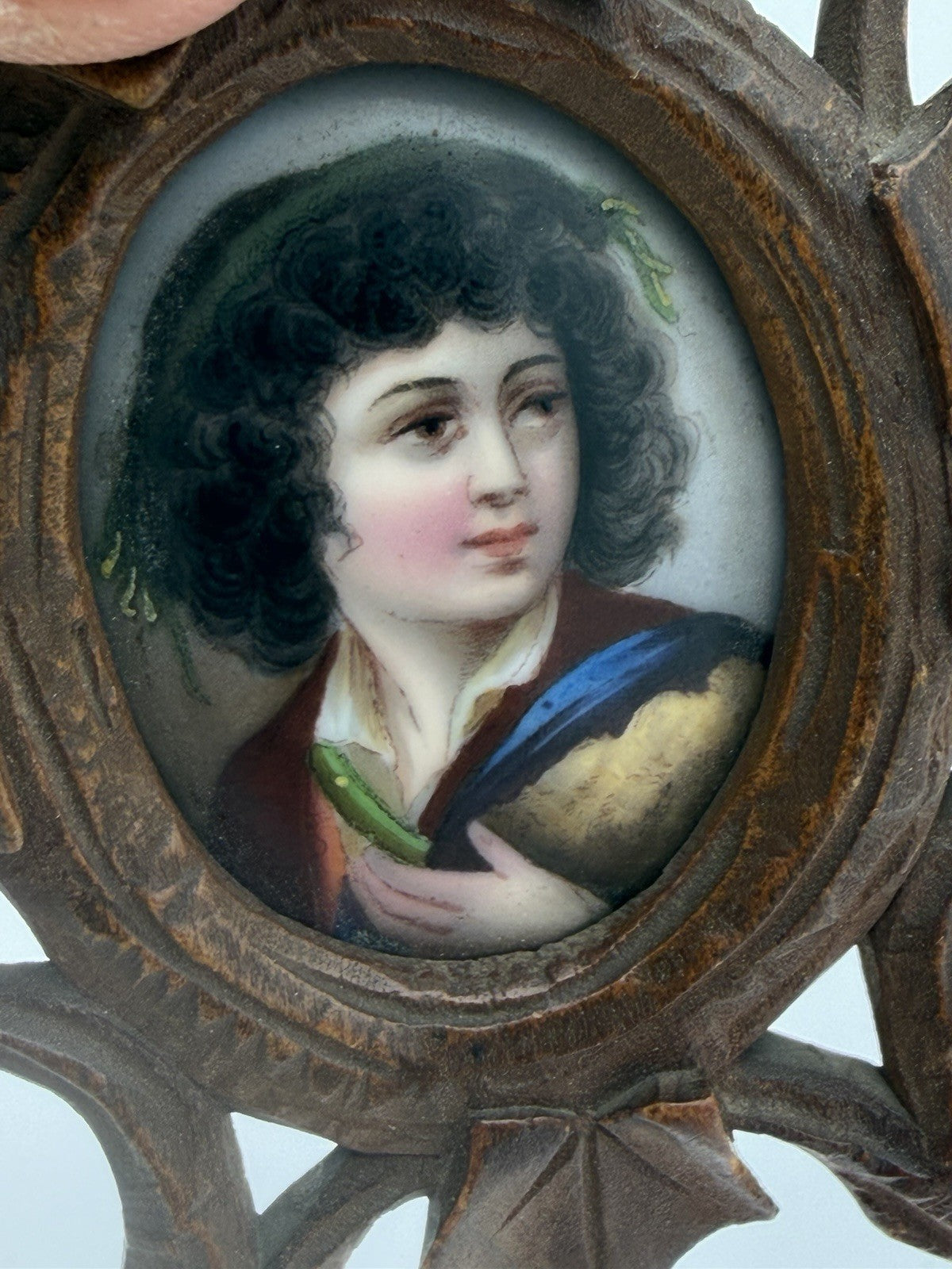 Antique Black Forest Carved Frame Painted Porcelain Young Portrait Miniature 3”H
