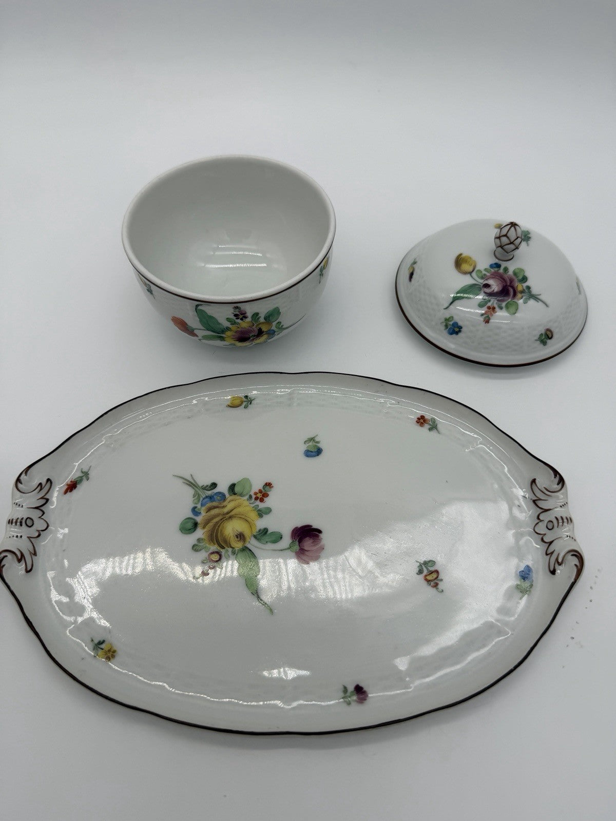 Antique Nymphenburg Porcelain Floral Sugar Bowl & Tray Basket Weave Set 2 PCs