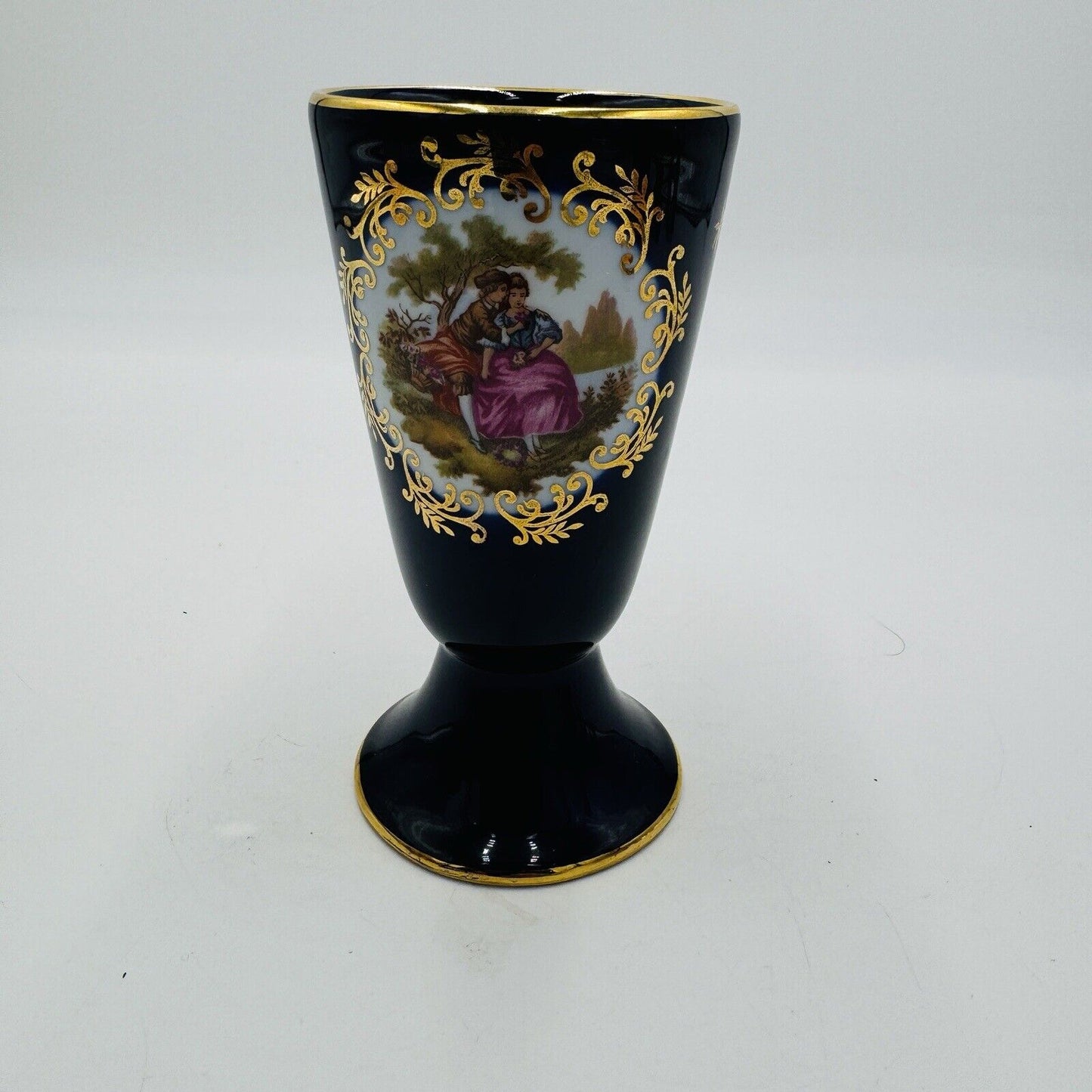 Limoges France Cobalt Blue Goblet /flagon Porcelain Gold Romantic Scene 5” Vase