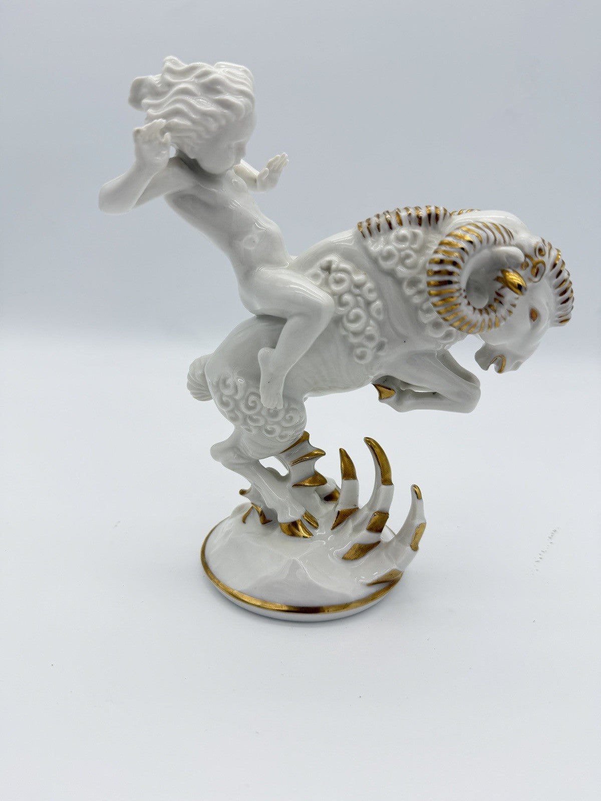 Hutschenreuther Art Deco porcelain High Spirits putto riding ram figurine 7”