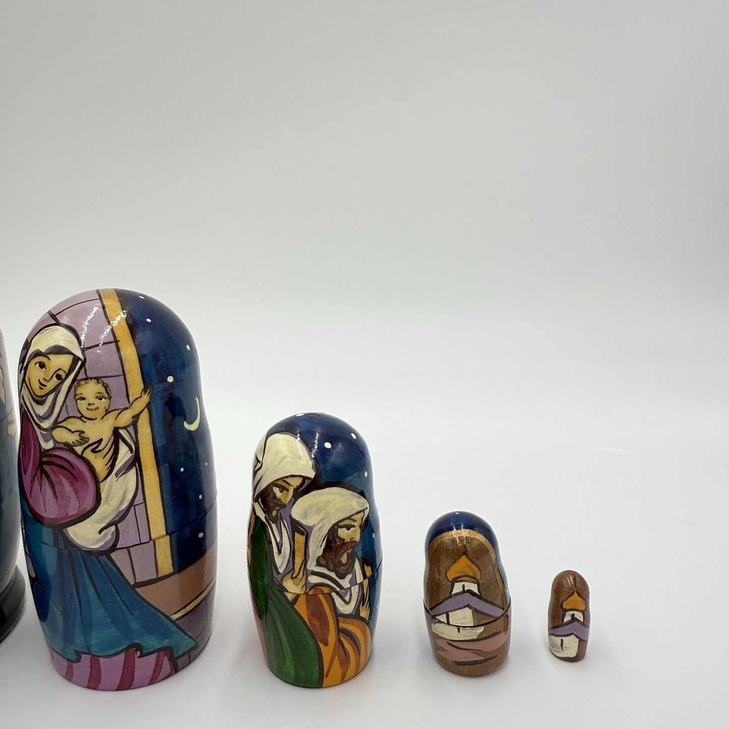 Rare Wooden Nativity Nesting Dolls Hand Painted 6” Holy Family Christmas 5 PCs