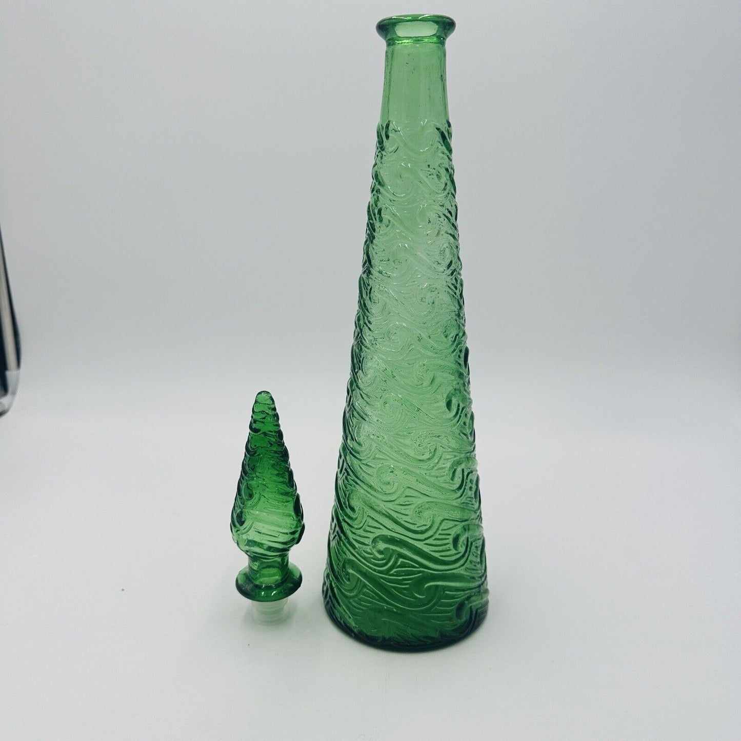 Empoli Glass Decanter Green Wave Italy Stopper 18in H Vintage Mid Century Modern