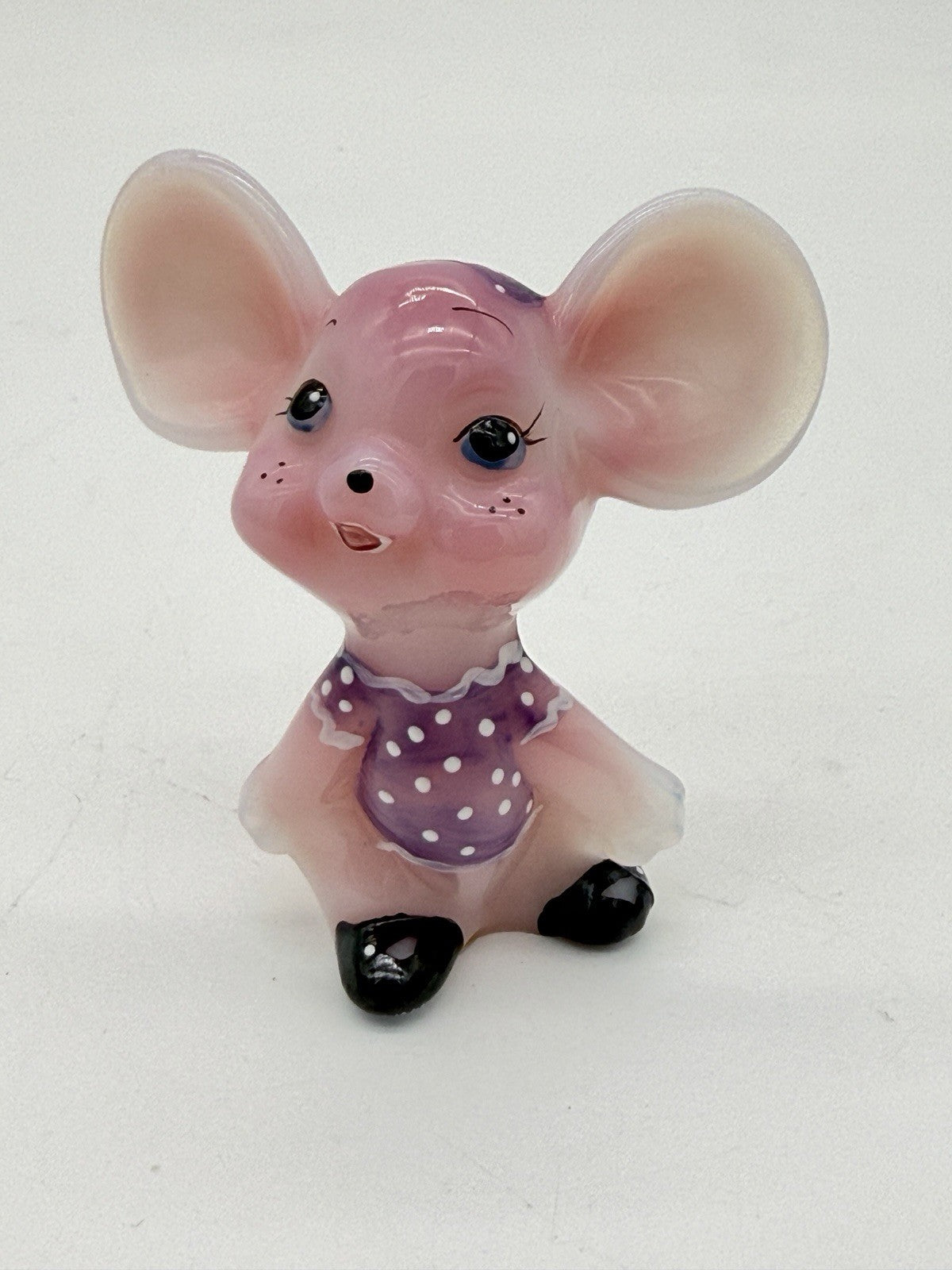 Fenton Art Glass Rosalene Purple Polka Dot Dress Hand Painted Mouse Figurine