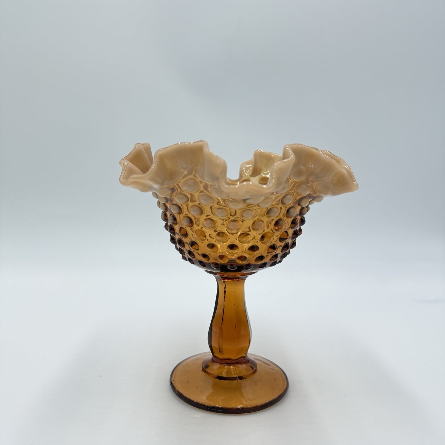 Fenton Art Glass Root Beer Opalescent Gradient Hobnail Ruffled Compote 6in