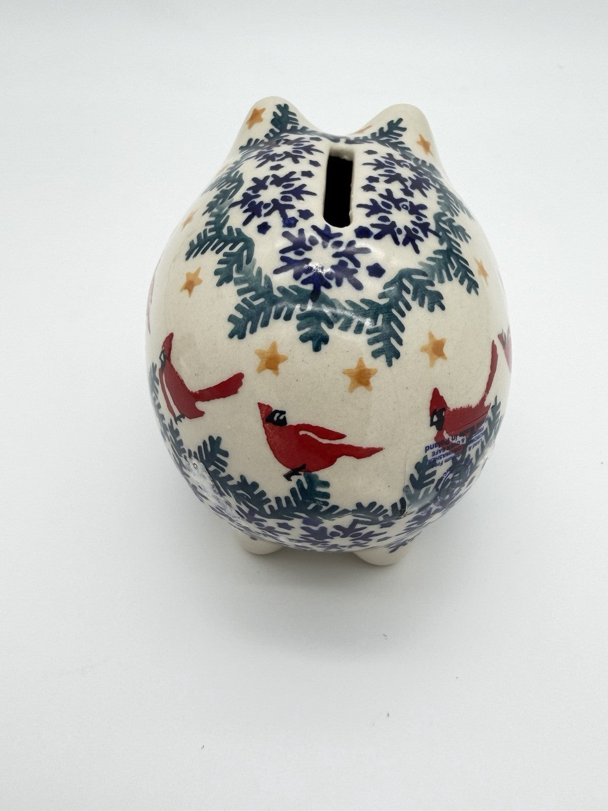 Boleslawiec Polish Art Pottery Hand Painted Cardinal Snow Flakes Piggy Bank