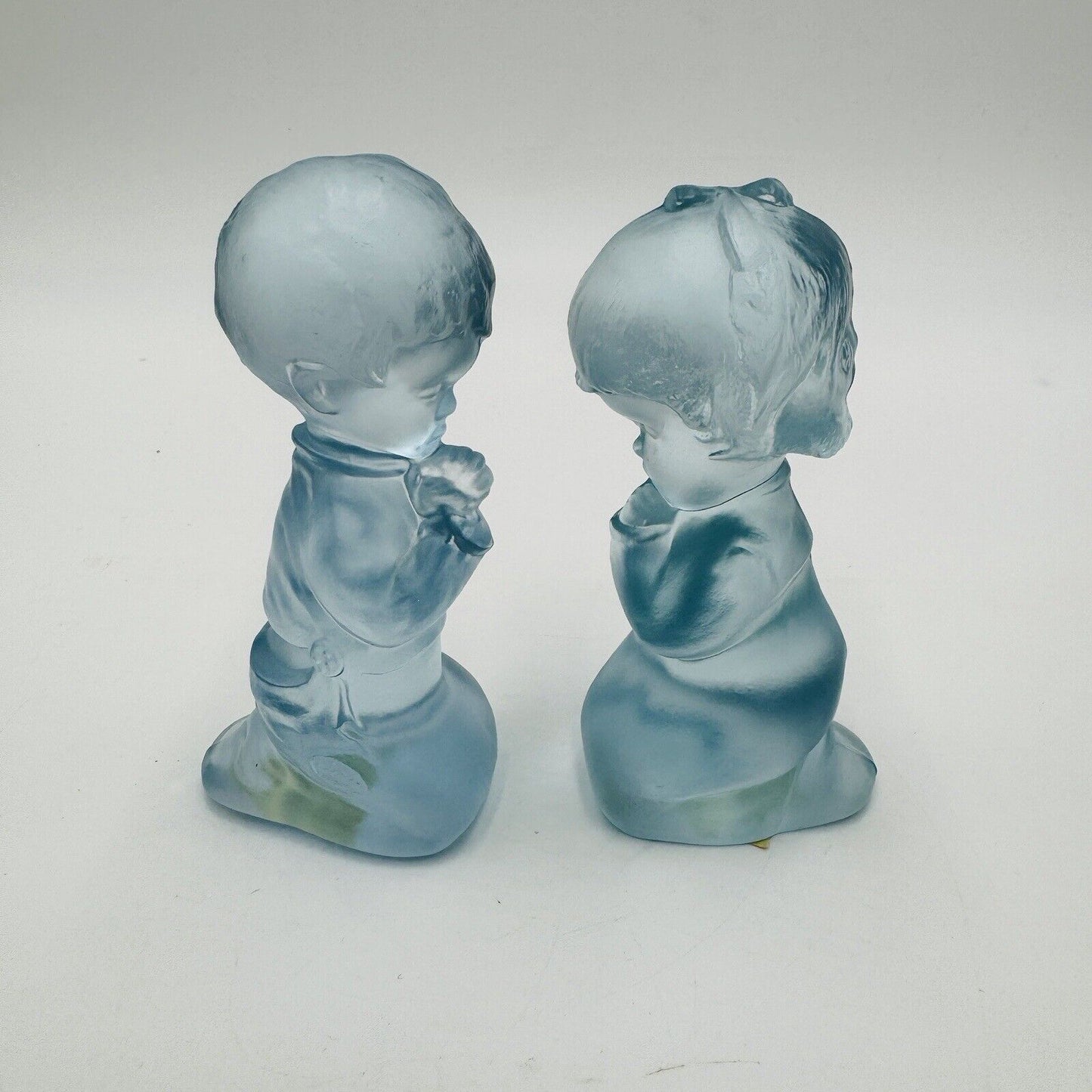 Fenton Art Glass Frosted Babies Blue Girl & Boy Kneeling Praying Figurines 3.5in