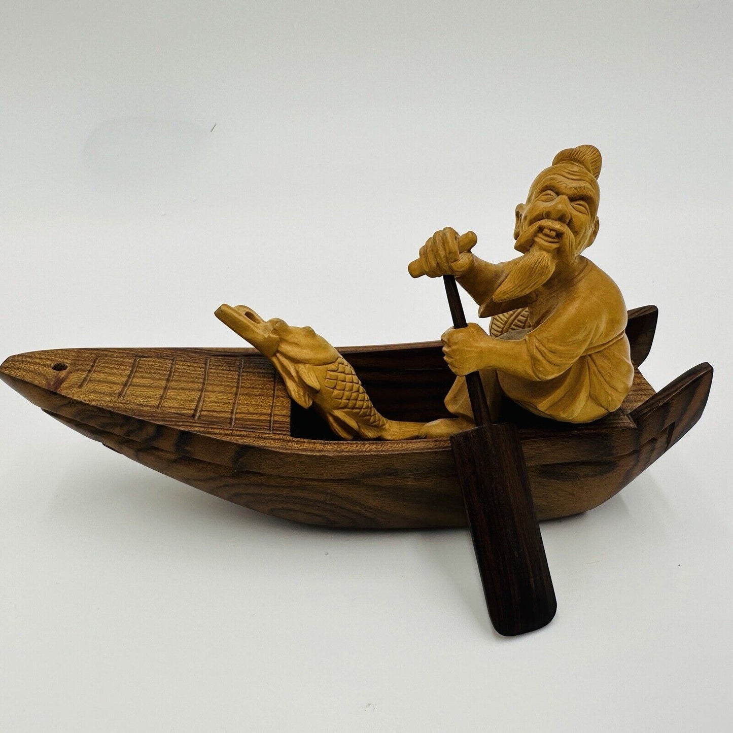 Taipei Fisherman Carved Wood Chinese Figurines Journey to the West Sanxing Hotei