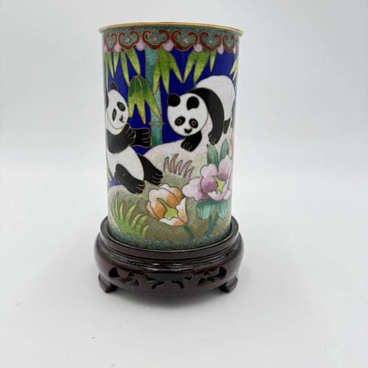 Rare Cloisone Enameled Chinese Panda Bear Bamboo Floral Vase 5.5”