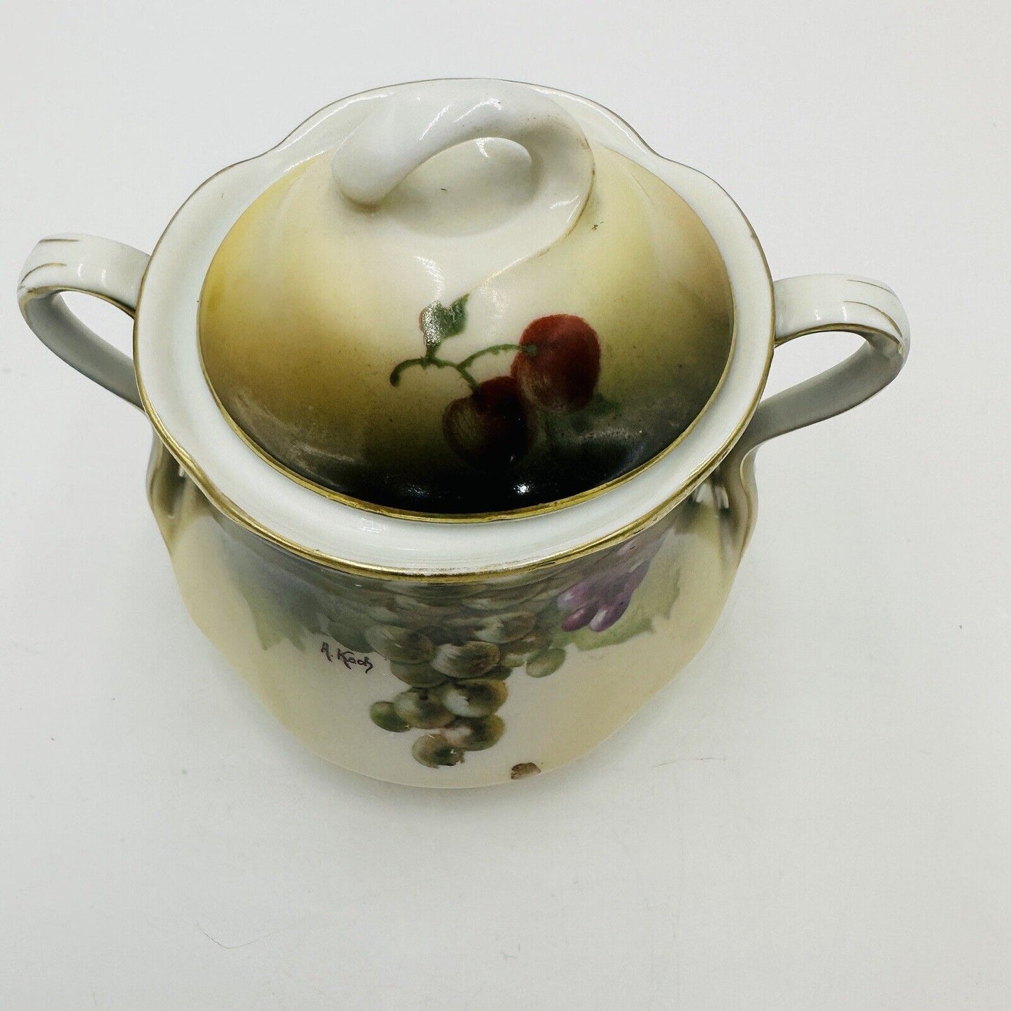 J & C Bavaria Sugar Bowl Louise Lid Hand Painted Grapes Vine Antique Porcelain