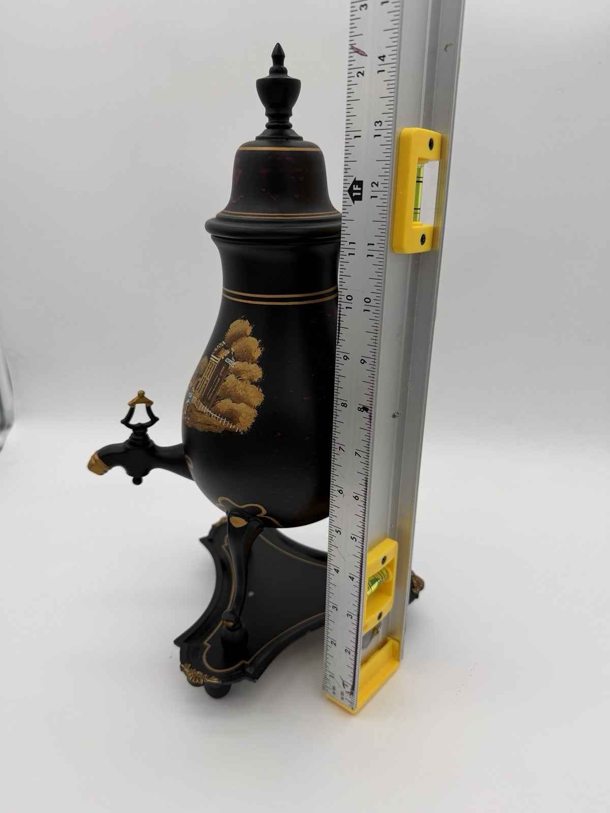 vintage C. Kurz & Co Tiel Dutch black & gold Hand painted pewter samovar W/base