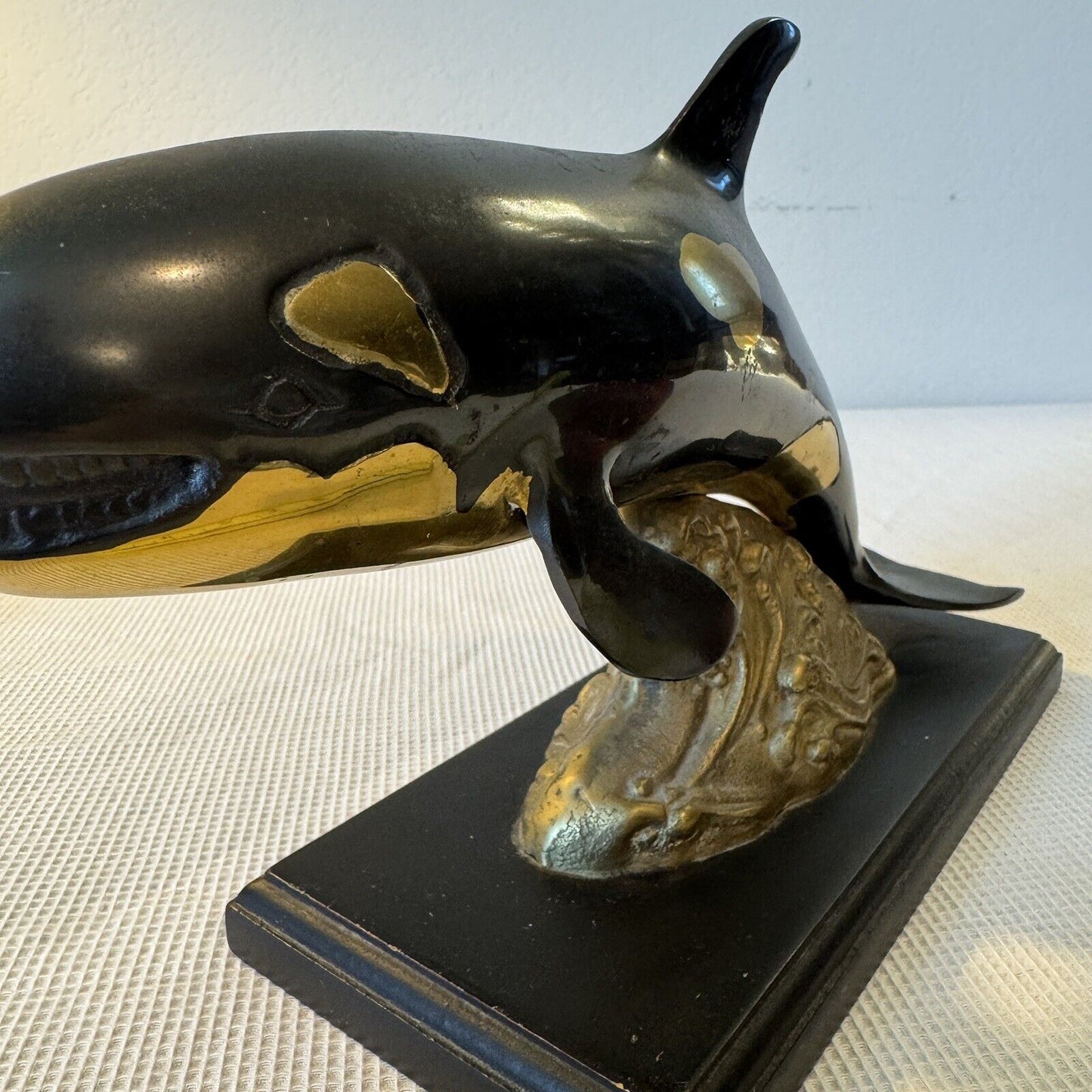 Orca Metal Sculpture No Marking Wooden Base Randy Puckett Style Not Original