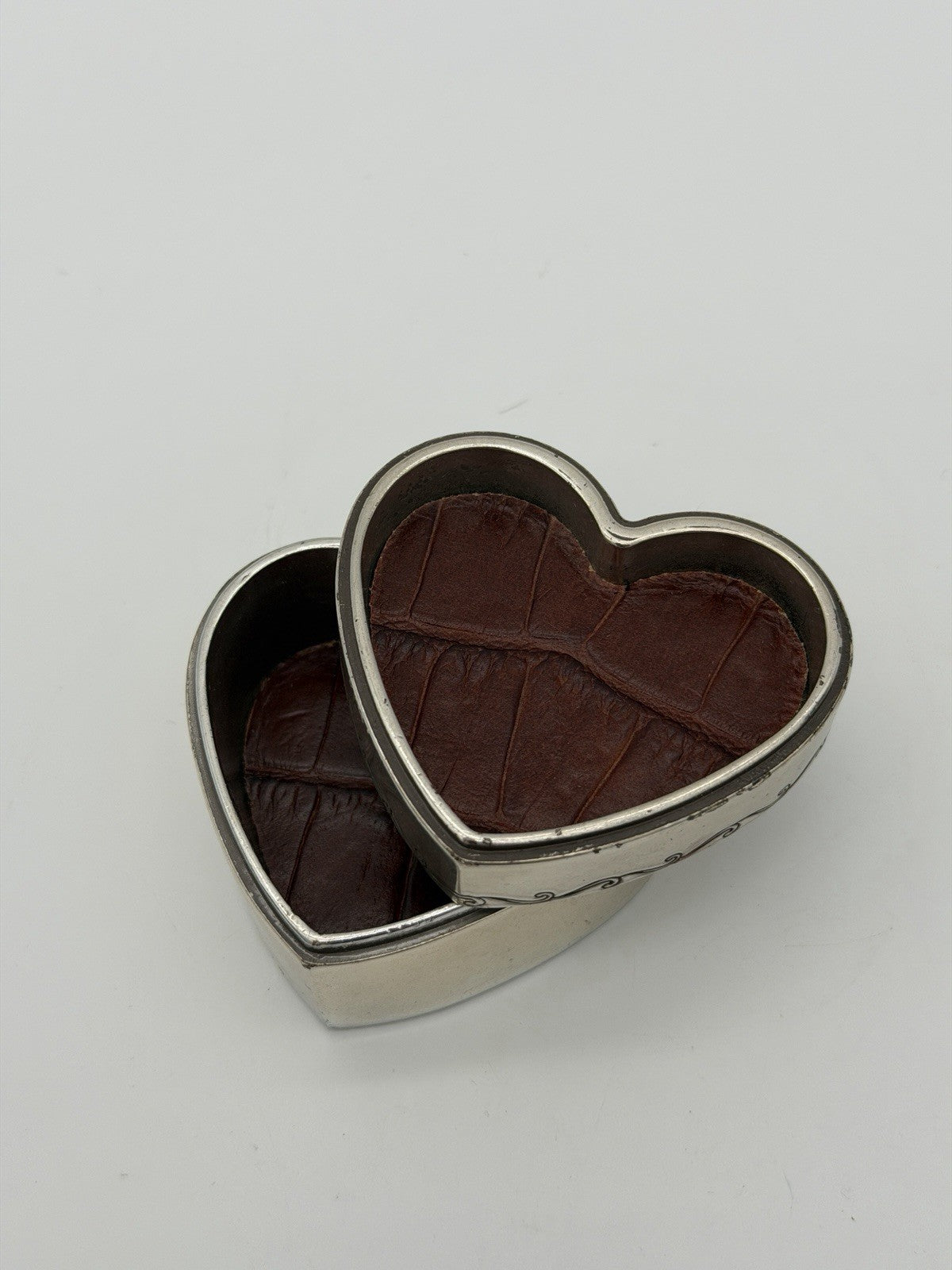 Vintage Brighton Silver Tone Trinket Box Heart Shape Leather Accents Jewelry Box