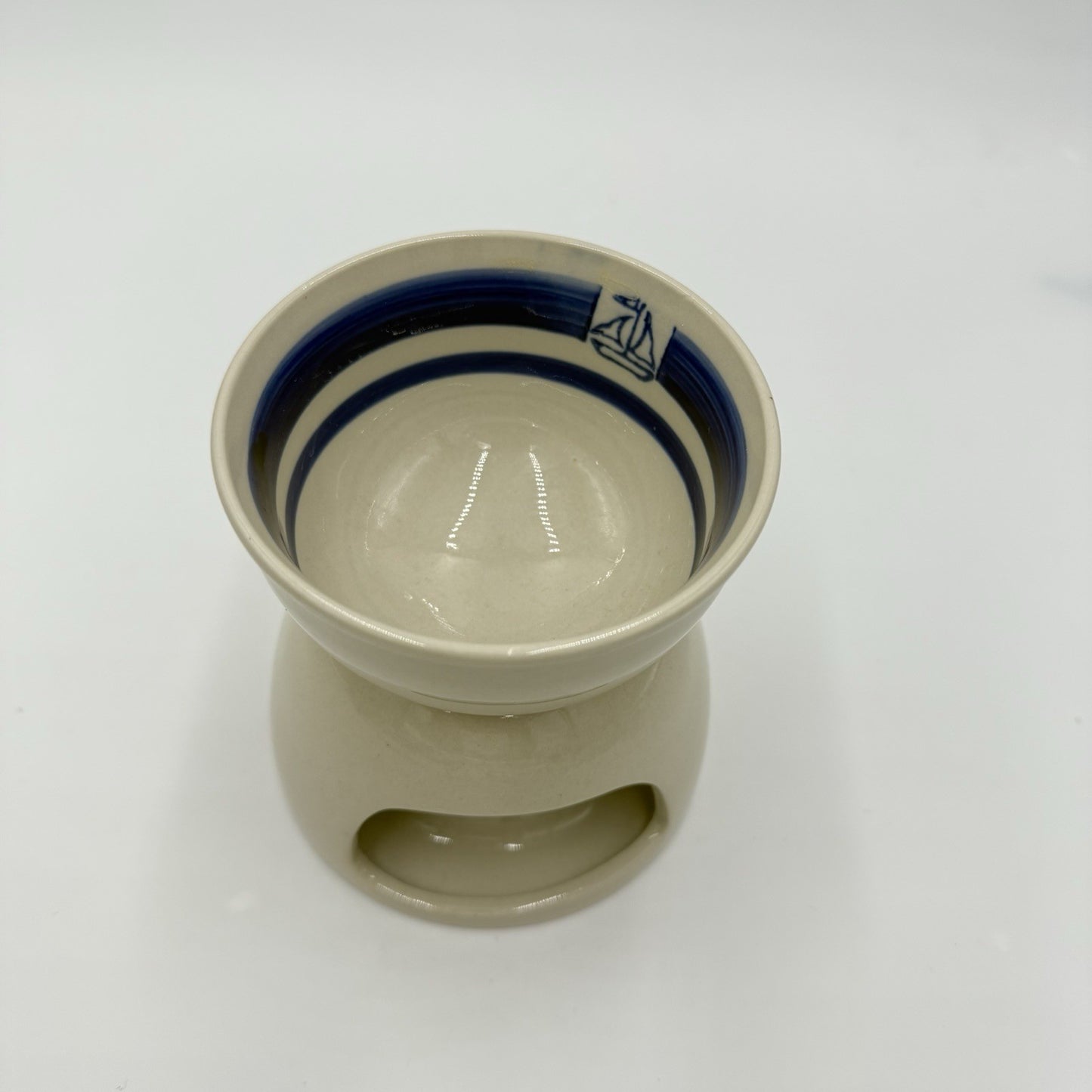 Pottery Barn Stoneware Oil/butter Warmer Sailboat Blue Stripes 4.3”